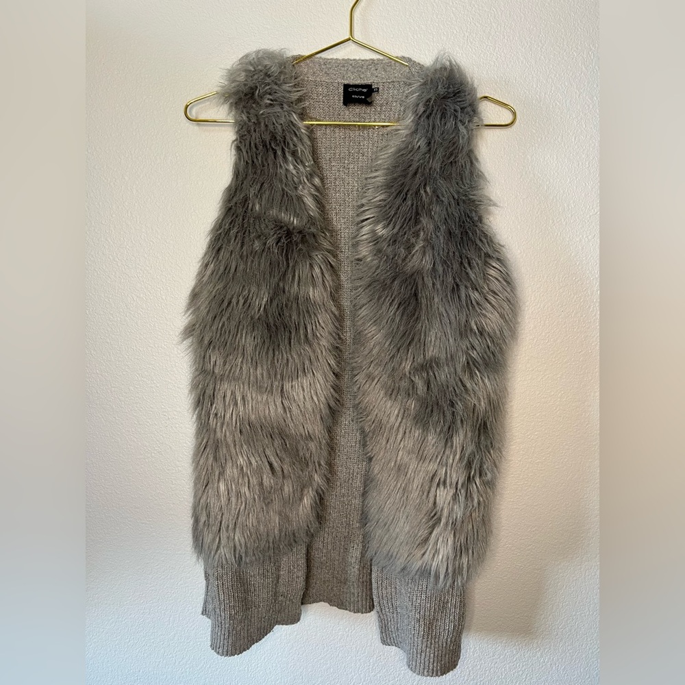 Cliche gray silver faux fur knit boho fall winter lagenlook oversized vest XS